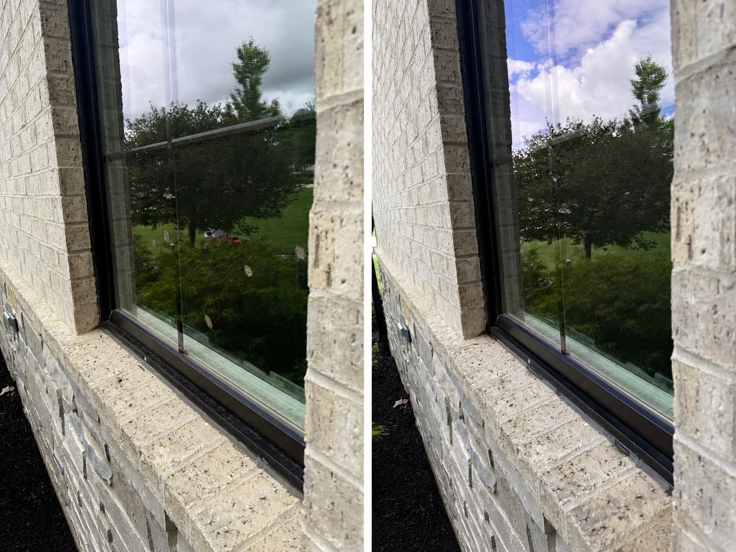 Before and after cleaning of a stone-sill window by Squeegee Guys